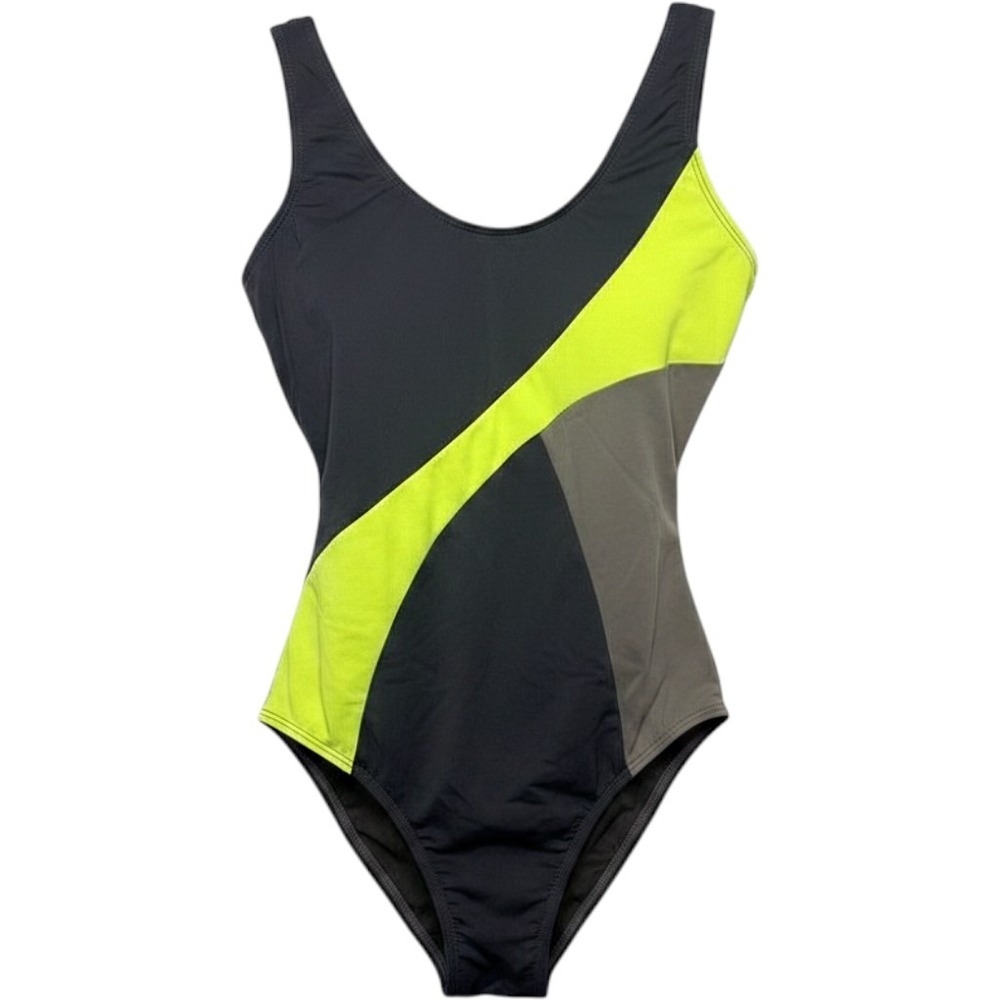 Icon Swim Womens Colorblock One Piece Swimsuit Neon Yellow Gray Olive Small NWT